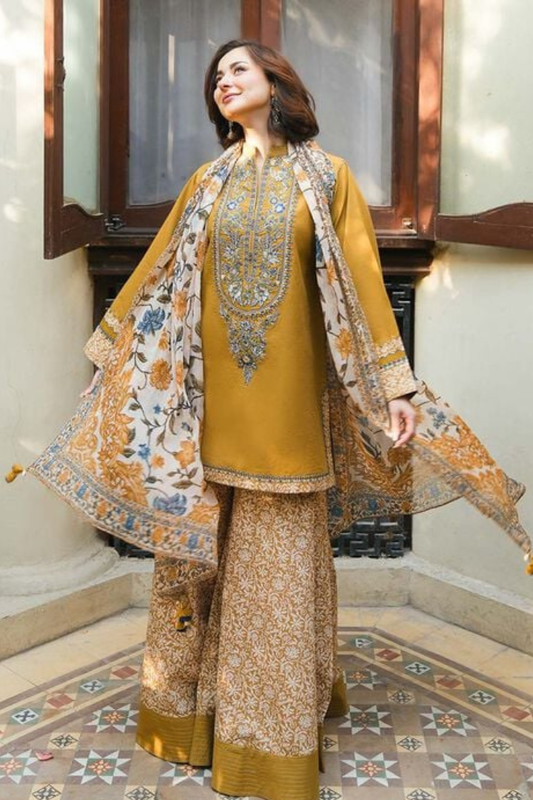 Mustard Lawn Embroidered 3 Piece Unstitched Suit | Printed Monark Lawn Dupatta