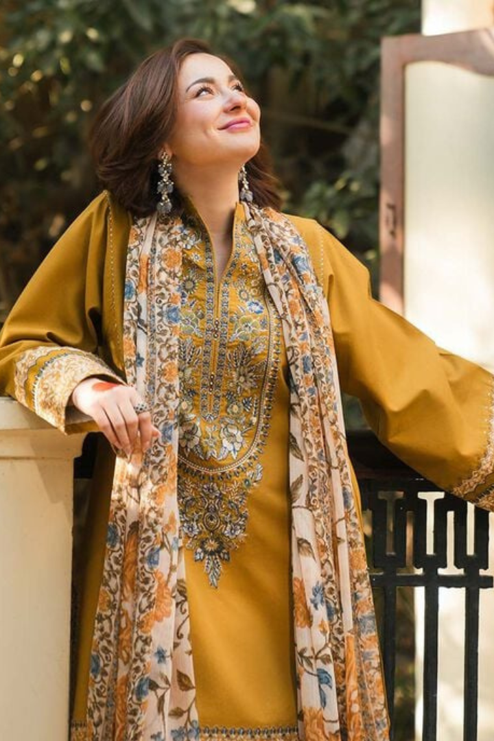 Mustard Lawn Embroidered 3 Piece Unstitched Suit | Printed Monark Lawn Dupatta