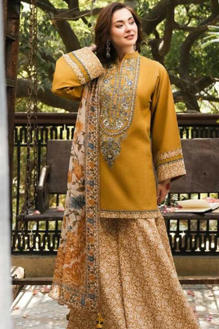Mustard Lawn Embroidered 3 Piece Unstitched Suit | Printed Monark Lawn Dupatta
